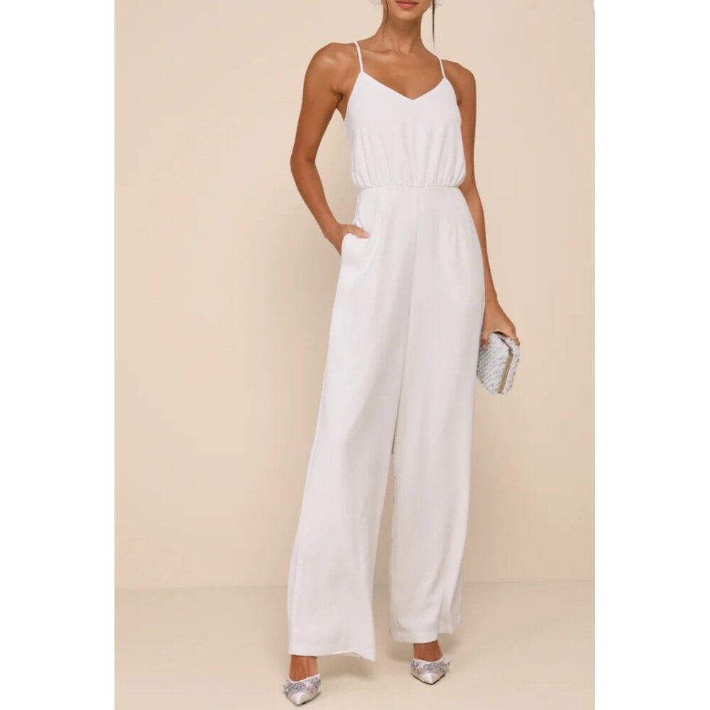 Lulus Flawless Pose White V-Neck Sleeveless Wide-Leg Jumpsuit Sz Small Womens Wh